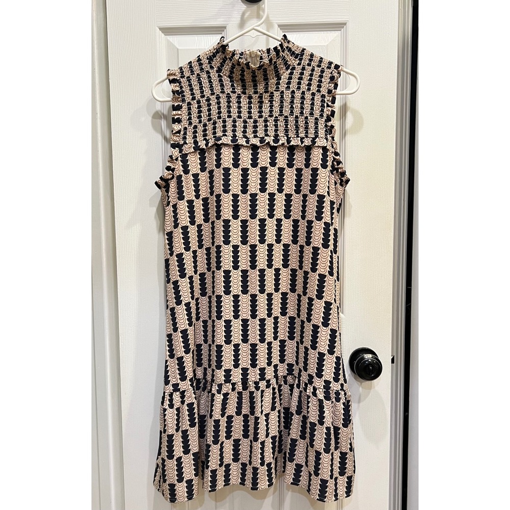 THML Geometric Print Smocked High Neck Tiered Ruffle Sleeveless Dress Medium